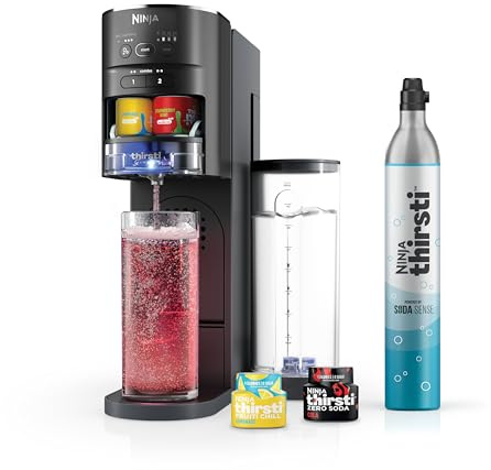 Ninja Thirsti Drink System, Soda Maker, Create Unique Sparkling & Still Drinks, Personalize Size & Flavor, Carbonated Water Machine, 60L CO2 Cylinder & Variety of Flavored Water Drops, Black WC1001