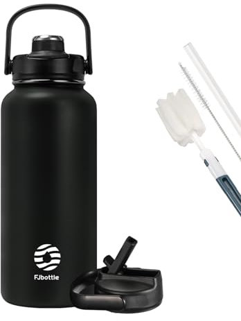 Fjbottle Gourde en acier inoxydable avec paille 950 ml/1200 ml, 2 couvercles sans BPA, Bouteille d'eau anti-fuite – Bouteille isotherme pour le sport, le vélo, l'école, le fitness