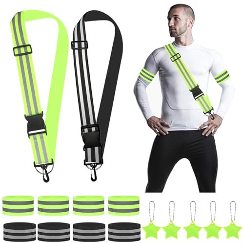 15 Stück Reflektoren Kleidung Set, 2 Reflektor Gürtel Verstellbaren 8 Reflektorband 5 Reflektoren Anhänger Reflektoren Gurt, Fahrradfahren Reflektorgürtel für Fahrrad Joggen Wandern Outdoor Sports