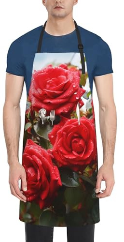 Xzeit Kitchen Cooking Aprons for Women Men Waterproof Bib Apron with Pockets Adjustable Chef Apron Red Roses Bush in The Garden, Black, One size