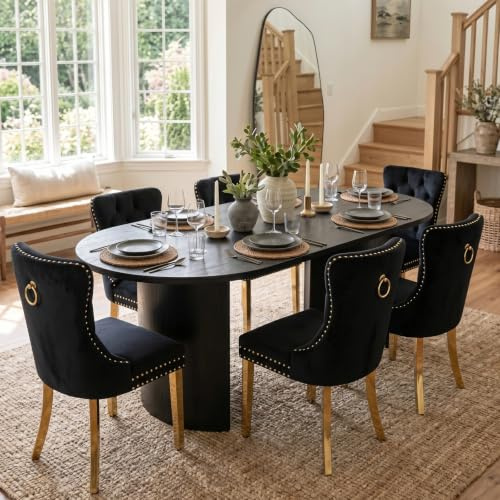SoarTalent 6er Set Esszimmerstühle Samt Goldbein, Schwarz/Gold | Samt gepolstert, Nagelkopfbesatz, vergoldeten Beinen, Metall-Ziehring, für Esszimmer & Wohnzimmer