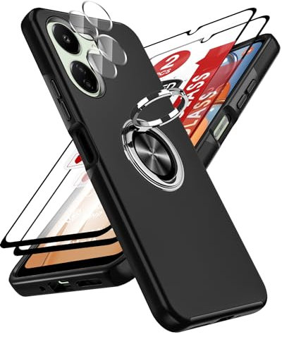 LeYi Coque pour Xiaomi Redmi 13C/13 C 4G/ Poco C65, avec 2 Verre Trempé, 2 Protection Camera et Anneau Telephone Invisible, Militaire PC TPU Etui Antichoc Housse - Noir