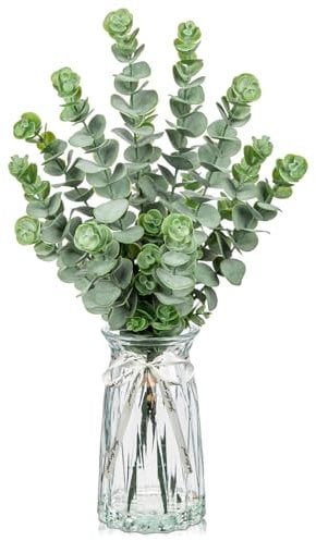 Oairse Artificial Eucalyptus Stems in Glass Vase with Faux Water, 20.4 Fake Plant Eucalyptus Leaves Faux Greenery Branches for Home Office Farmhouse Bathroom Wedding Centerpiece Decor