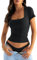 Womens Shirts Short Sleeve Slim Fit Basic T Shirts Going Out Stretchy Tight Square Neck Top Black