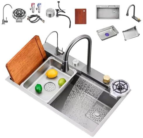 Kitchen Sink,Stainless Steel Large Sink,Draining Basket Undermount and Topmount Kitchen Sink with Downpipe Kit,Workstation Sink Home Sink 68 * 45 * 21cm