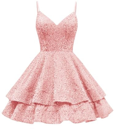 HPPEE Abiti da ballo con scollo a V con paillettes e spalline sottili per adolescenti abito formale da cocktail di compleanno a strati, Rosa cipria, 44
