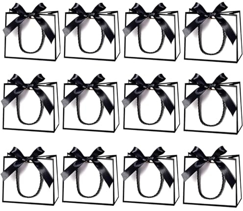 Jinavoty Mini-Geschenktüten mit Griffen, 12 Stück, Weiß, Schwarz, Hochzeit, Geburtstag, Party, 14 x 6 x 12cm, Karton, Geschenkbeutel
