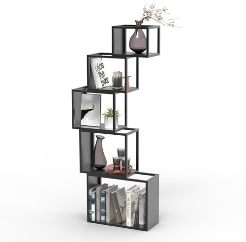 NBTORCH 5-stöckiges schwarzes einzigartiges Metall-Bücherregal – 125 cm modernes Bücherregal für Bücher, CDs und Sammlerstücke – stilvolles Aufbewahrungs- und Ausstellungsregal für Wohnzimmer