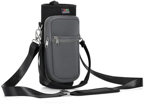 Nuovoware Water Bottle Carrier Bag, 750ml Water Bottle Holder with Strap, Adjustable Shoulder Hand Strap 2 Pocket Water Bottle Sling Bag Neoprene Sleeve for Hiking Travelling, Black/Gray