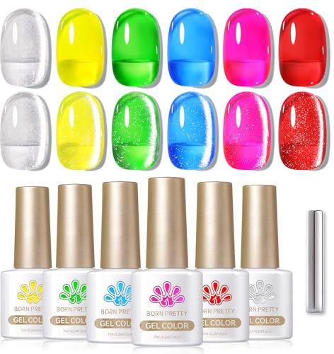 BORN PRETTY Jelly Gel Nail Polish 6 Colors Neon Gel Polish Silver Magnetic Gel Crystal Transparent Gel Nail Kit Blue Green Red Soak Off U V LED Gel Nail Art DIY Manicure Nail Varnish Gel