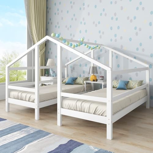 Kinderbett für 2 Kinder, 90×200cm, Holz Hausbett Babybett für Jungen & Mädchen, Zwei Einzelbetten unter einem Dach im Hausbettdesign mit Nachttisch und Lattenrost, Jugendbett mit Rausfallschutz, Weiß