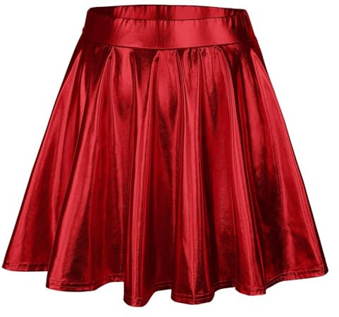Glitzer Rock rot, Metallic Outfit Damen Party Rock Kurz Kostüm Kleid Röcke Meerjungfrau Tellerrock Metallischer Faltenrock Rot, L