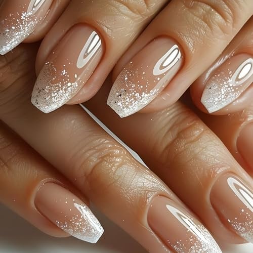 Glitter Press On Nails, 24Pcs Sparkling French False Nails Short, Nude White Glitter Fake Nails Cute Stick on Daily Wear Nail Decorations for Women Girls