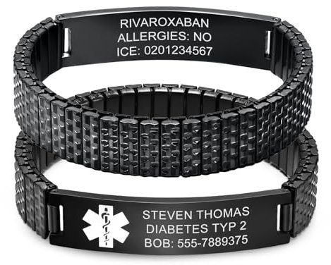 Personalisiertes Notfallarmband SOS Armband Herren - Edelstahl Elastische Notfall Armbänder mit Gravur Name Telefonnummer Diabetes Epilepsie Allergie, Medizinisches Alarm Armband für Erwachsene Männer