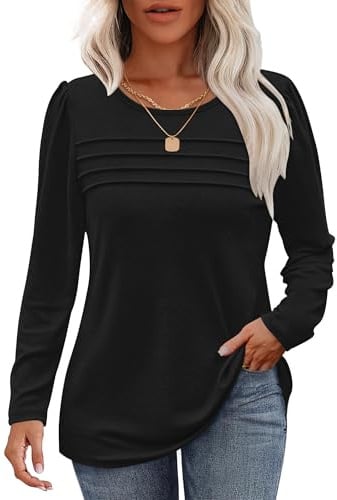 WNEEDU Sweatshirt Damen Langarmshirt Plissiert Rundhals Damen Pullover Top | Cloud Soft Sweatshirt Damen Biesen Falten Brust Elegante Schulter Details Vielseitiges Elegantes Oberteil Für Alltag