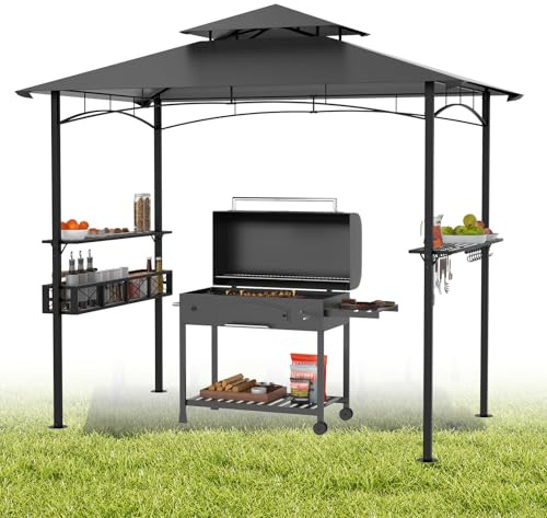 Grillpaviljong med dubbla lager, 245 x 153 x 250 cm, trädgårdspaviljong vattentät flamhämmande, inkl. förvaringskorg, trädgårdstält, festtält för trädgård/fester/BBQ, grå