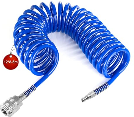 SRJQXH 5m Tubo Aria Compressa, Spirale Tubo Compressore, Diametro 12x8 mm Kit Compressore Aria, Blu, con Connettore, per Casa, Officina, Officina Meccanica