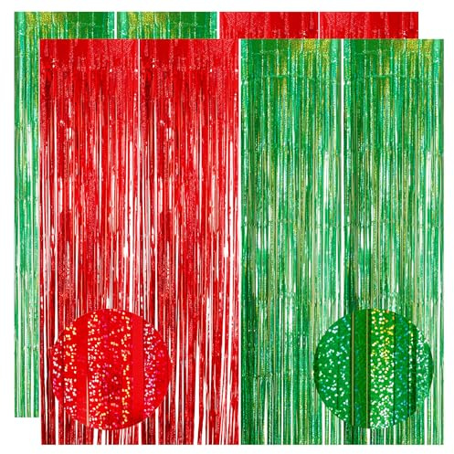 4pcs 3.2 x 8.3ft Glitter Red and Green Tinsel Curtain Christmas Foil Curtain Door Streamers Fringe Curtains Backdrop Xmas Party Decorations Backdrop Banner for Indoor Home School Office