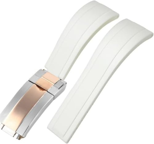 ROUREOX Weiches Silikon Armband für Herren mit Edelstahl-Druckknopf, Quick Release für Rolex Oyster Perpetual Submariner Deepsea-Weiß + Zweifarbiges Rose Gold 21mm