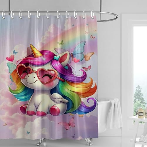 Duschvorhang 120x180 cm Lila Einhorn Rosa Shower Curtains Waschbar Polyester Stoff Duschvorhang Wasserdicht Dekoration Shower Curtain mit 12 Haken Duschvorhänge Badewanne