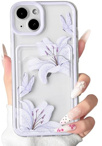 NITITOP for iPhone 14 Case Clear Cute Lily Flower Wallet, Purple | for Women Girls, Floral Butterfly Pattern, with Card Holder, Color Frame, Soft TPU Shockproof Cover, Full Camera Protection