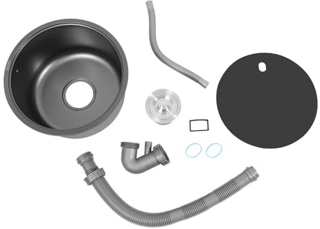 Évier de cuisine rond en acier inoxydable 304 Nano - Noir - Diamètre : 36 cm - Pour petite cuisine, camping-car, bar - Avec couvercle et bonde