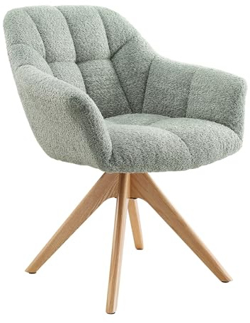 Stuhl PAPILLON - 65cm - salbei grün - Bouclé-Bezug Holz-Beine drehbar | Auto-Return-Funktion, Armlehne, Ziersteppung, hoher Komfort, langlebig, stabil, Esszimmerstuhl