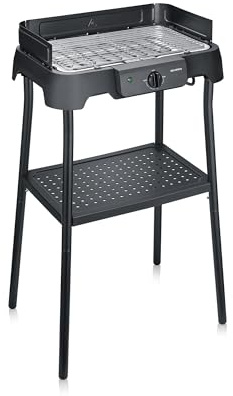 SEVERIN Barbecue électrique extérieur sur pieds avec grille inox, 2000W, Pare-vent amovible, eBBQ avec bac à eau pour utilisation en intérieur et extérieur, Noir, PG 8594