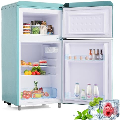 QSOST Mini Frigo Rétro Double Porte 72 Litres avec Congélateur 21L - Classe Énergétique E - Éclairage LED - Design Vintage - pour Chambre, Bureau ou Cuisine - Couleurs Multiples (cyan)