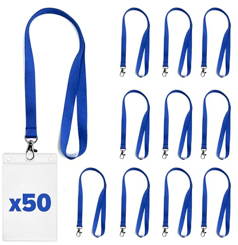 Lot de 50 Tours de Cou + 50 Badges A6 en Plastique – Lanières Porte Badge pour Événements, Entreprises, Salons et Groupes (Bleu)