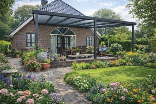 Terrassenüberdachung Aluminium Barcelona mit VSG Glas – Hochwertiges Terrassendach, Wetterfest, Stabile Alu Konstruktion für Terrasse & Garten (Anthrazit, 305 x 350 cm)