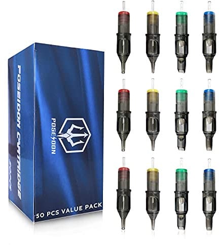 Poseidon Tattoo-Nadeln 50 Stück Set - Verschiedene Größen (Rundlinierer, Schattierer, Magnum) mit gebogener/runder Spitze - 5RL 7RL 9RL 5RS 7RS 9RS 15M1 21M1 15CM 21CM - Sterile Einweg-Tätowiernadeln