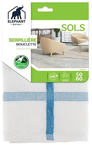 ÉLÉPHANT Maison - Serpillière Bouclette - Éponge Coton Douce & Absorbante - Tissage Serré Résistant, Texture Nid d'Abeille - 2 Usages : Balai Brosse ou Essuie-Main - Haute Qualité - Fabriqué en France