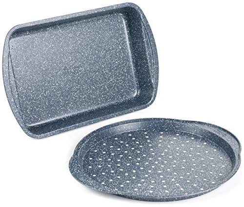 Russell Hobbs COMBO-5440 Nightfall Stone Pizza Tray and Roaster - Non-Stick Oven Trays, 37 cm Perforated Baking Pan with 38 cm Deep Roaster, Carbon Steel Ovenware, Oven Safe Up to 220°C, PFOA-Free