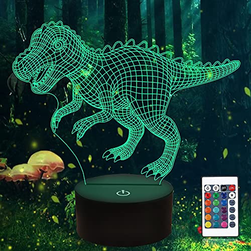 Dinosaurier 3D Lampe, CooPark Niedliches 3D Illusion Nachtlicht Spielzeug 16 Farben Ändern & Fernbedienung, Jurassic Theme Room Dekoration Geschenke, Nachttischbeleuchtung für Kinder Jungen Mädchen
