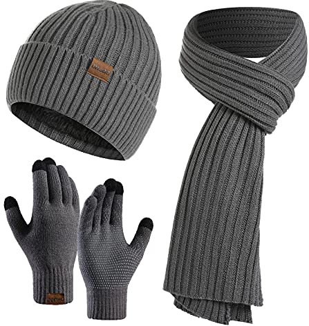 CheChury Cappello Sciarpa Guanti Per Uomo Donna Invernali Moda Cappello Con Sciarpa Lunga Guanti Touch Screen Unisex Guanti Berretto Beanie Morbido Tessuto 3 Pezzo Sciarpa Berretto Beanie Lana Regalo