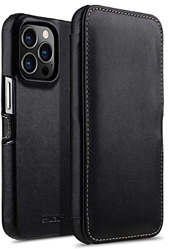 STILGUT Book Case kompatibel mit iPhone 13 Pro (6.1“) Hülle aus Leder mit Clip-Verschluss, Klapphülle, Handyhülle, Lederhülle - Schwarz Nappa