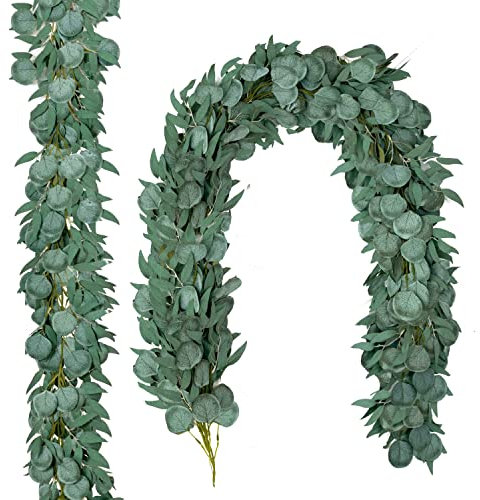 JUSTOYOU 2er Pack Künstliche Eukalyptusblätter,Künstliche Eukalyptus Girlande 6.5ft Faux Eukalyptus Blatt Reben Pflanze Deko Girlande für Hochzeit Tisch Hintergrund Bogen Wanddekoration