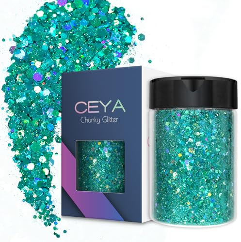 Ceya Holografischer, klobiger Glitzer, 3.5oz/100 g, Cyan-Kunst, Glitzer-Pulver, gemischte feine Flocken, schillernde Nagel-Pailletten für Epoxidharz, Becher, Schleim, Malerei, Festival-Dekoration