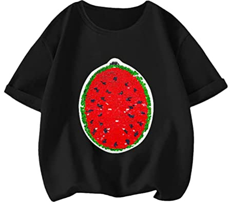 Asotagi 2022 Kreative Wassermelone Wechsel Pailletten T-Shirt Sommer Baumwolle Flip Pailletten Kurzarm Tees für Jungen Mädchen Kurzarm