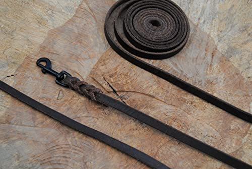 Petite Lederleine geflochten Antik-Leder 10mm x 10m ohne Schlaufe schwarzer Karabiner Schleppleine Fährtenleine
