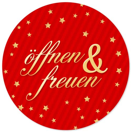 48 Geschenkaufkleber Weihnachten - ÖFFNEN UND FREUEN elegant rot - Weihnachtsaufkleber Aufkleber für Geschenke Etiketten rund 4cm