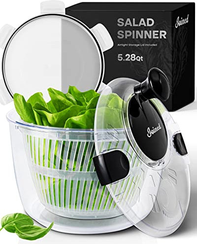 Joined Large Salad Spinner with Storage Lid, Drain, Bowl, and Colander - Quick and Easy Multi-Use Lettuce Spinner, Vegetable Dryer, Fruit Washer, Pasta and Fries Spinner - 5.28 Qt