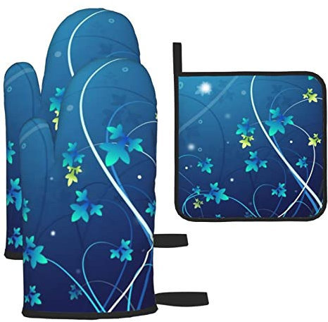 Blue Mini Flower Swirl Printed Oven Mitts And Pot Holders Sets,Washable Heat Resistant Kitchen Non-Slip Printed Grip Oven Gloves For Microwave Bbq Cooking Baking Grilling