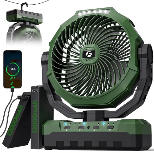 FRIZCOL 3-in-1 Camping Fan - Portable Fans Rechargeable - 24000mAh Battery Powered Fan(140Hrs) with Light & Remote for Indoor, Outdoor, Tent, Travel, BBQ, Fishing, Jobsite - Green