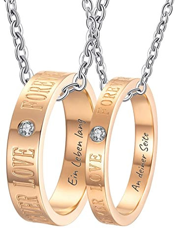 KnSam Edelstahl Pärchen Kettenanhänger EIN Leben lang an deiner Seite, 2er Anhänger Ring 3/5MM Forever Love Partner Ketten Wunsch Text Rose Gold mit Zirkonia, Gr.54 & Gr.62, Länge 60cm/ 50cm