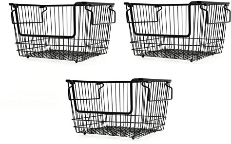 HOMION Large Stacking Basket Storage Veg Rack Stackers Shlef Multi Purpose Stackable Wire Storage Basket with Carry Handles Kitchen Fruit Stand (3 Baskets)