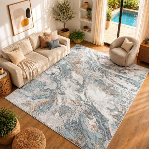Livabliss Odunec Abstract Rug - Area Rugs Living Room 160x213 cm, Dining Room, Lounge, Kitchen, Bedroom - Modern Marble Large Rug, Soft Luxurious Easy Care Medium Pile, Ivory, Blue, Grey, Rust