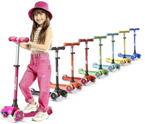 Lifemaster Kids Scooter – Children and Toddler 3 Wheel Kick Scooter – LED Wheel Lights Illuminate When Rolling– Adjustable Handlebar – Indoor and Outdoor Pink