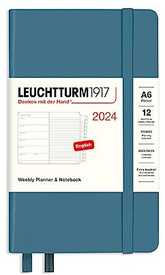 LEUCHTTURM1917 367745 Agenda settimanale e taccuino Pocket (A6) 2024, 12 mesi, Stone Blue, Inglese